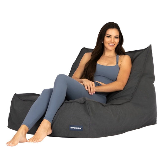 big boss bean bag chair in black with lady posing