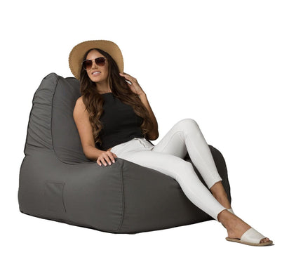 lady sitting on grey outdoor beanbag chair
