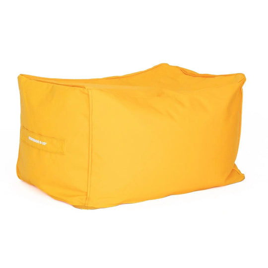 vivid orange bean bag ottoman with a visible brand logo on a white background