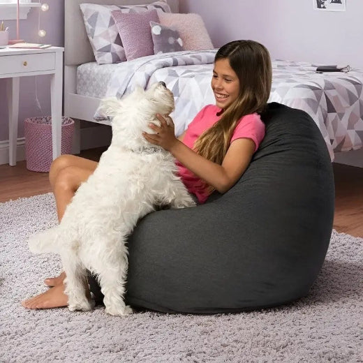 Woman sitting on a bean bag with a small white dog in a bedroom setting