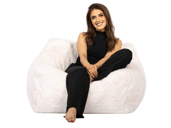 Furlah Ivory Fur Bean Bag Chair lady smiling
