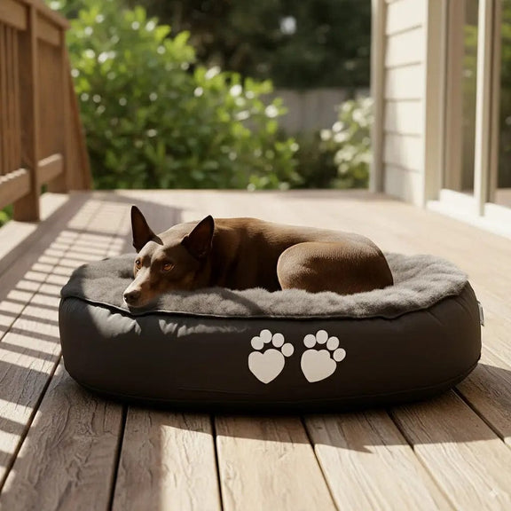 Dog lying on a pet bed with paw prints on a wooden deck